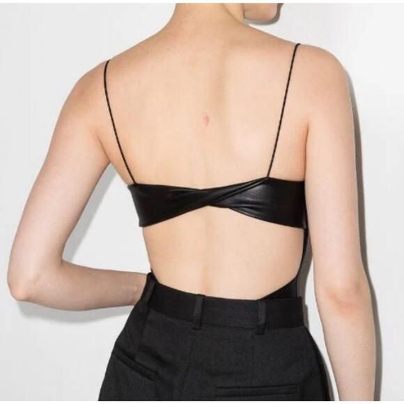ALIX NYC Black Faux Leather Bodysuit Size M Open Back Cutout Spaghetti Straps - Picture 3 of 16
